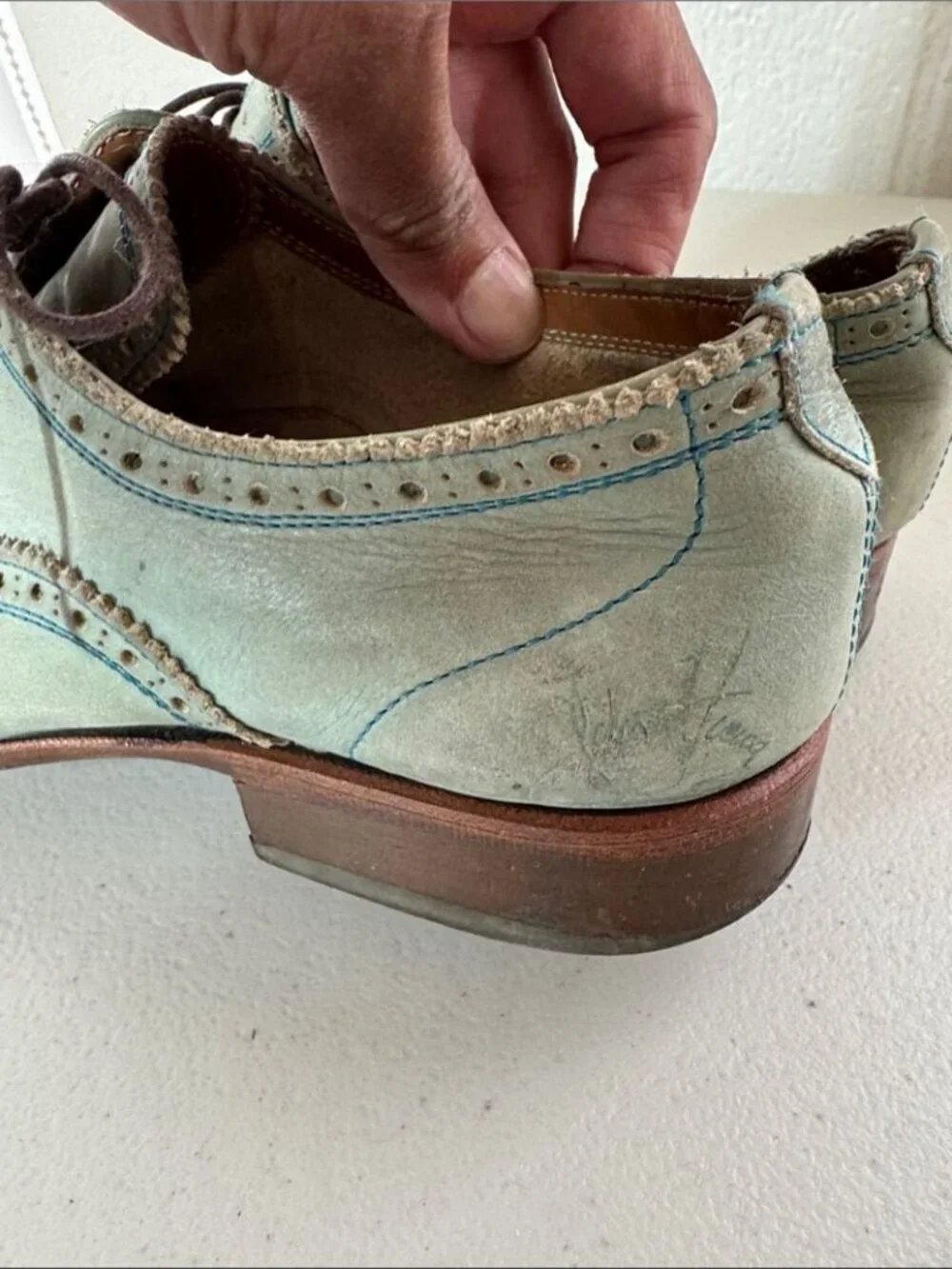 John Fluevog Gateway Oxfords Mint Blue Leather Brogue Shoes Sz M 4.5 Art Chic